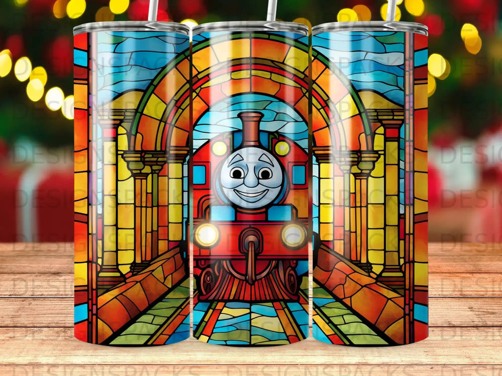 Stained glass tumbler with cartoon train and arched entryway.