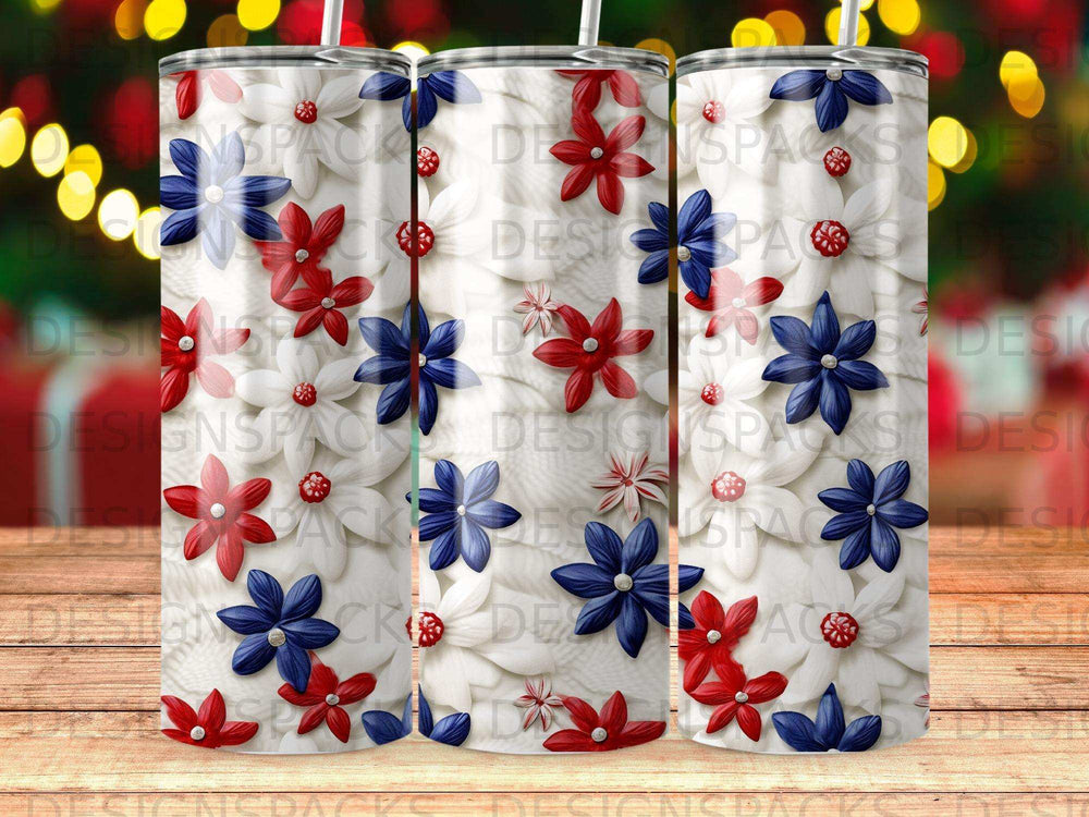 Three tumblers with red, white, and blue floral pattern.
