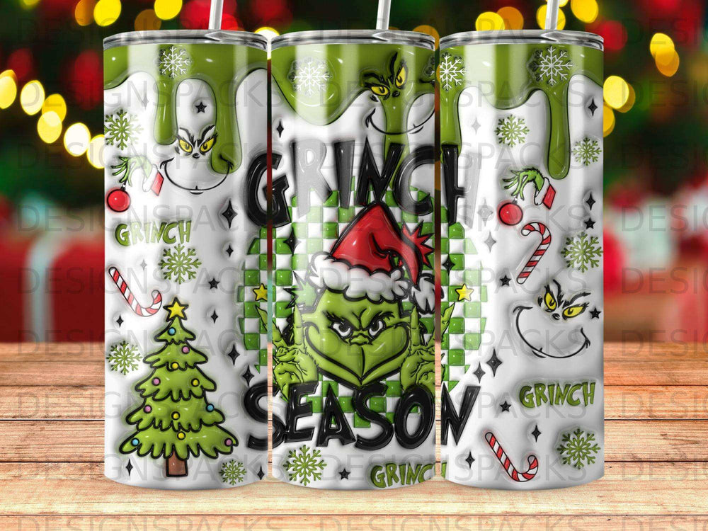 Grinch "Naughty Season" tumbler with Christmas lights and candy canes.