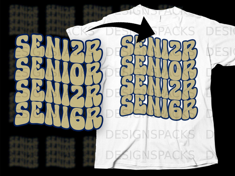 White t-shirt with repeated text "SENIOR" in bubbly gold and blue font.