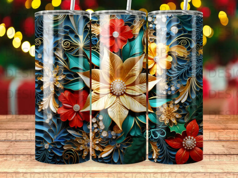 3D tumbler with floral pattern, gold and red flowers, blue background.