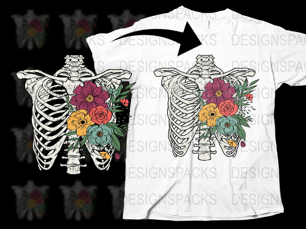 Floral Skeleton T-Shirt, Colorful Flowers and Bones Graphic Tee, Unique Gothic Apparel, Unisex Fashion, Halloween Shirt