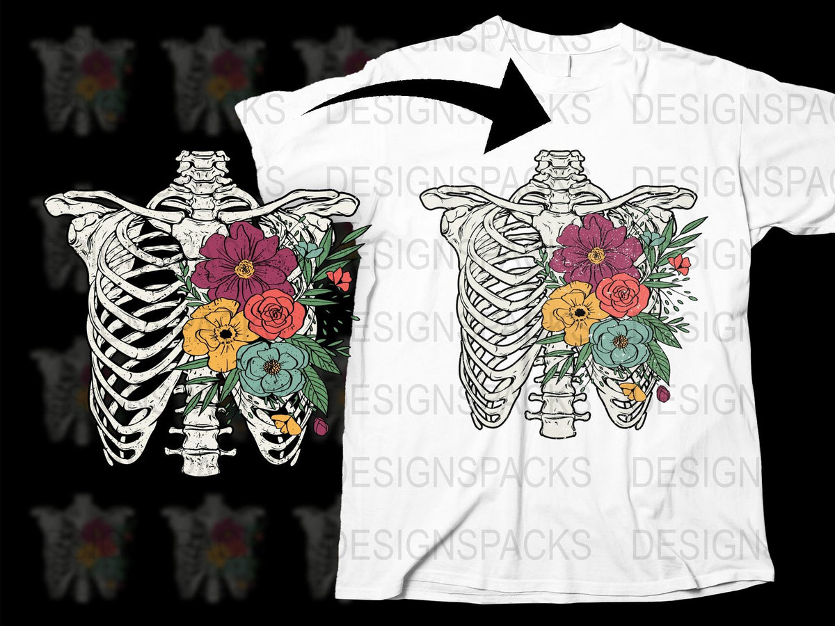 Floral Skeleton T-Shirt, Colorful Flowers and Bones Graphic Tee, Unique Gothic Apparel, Unisex Fashion, Halloween Shirt