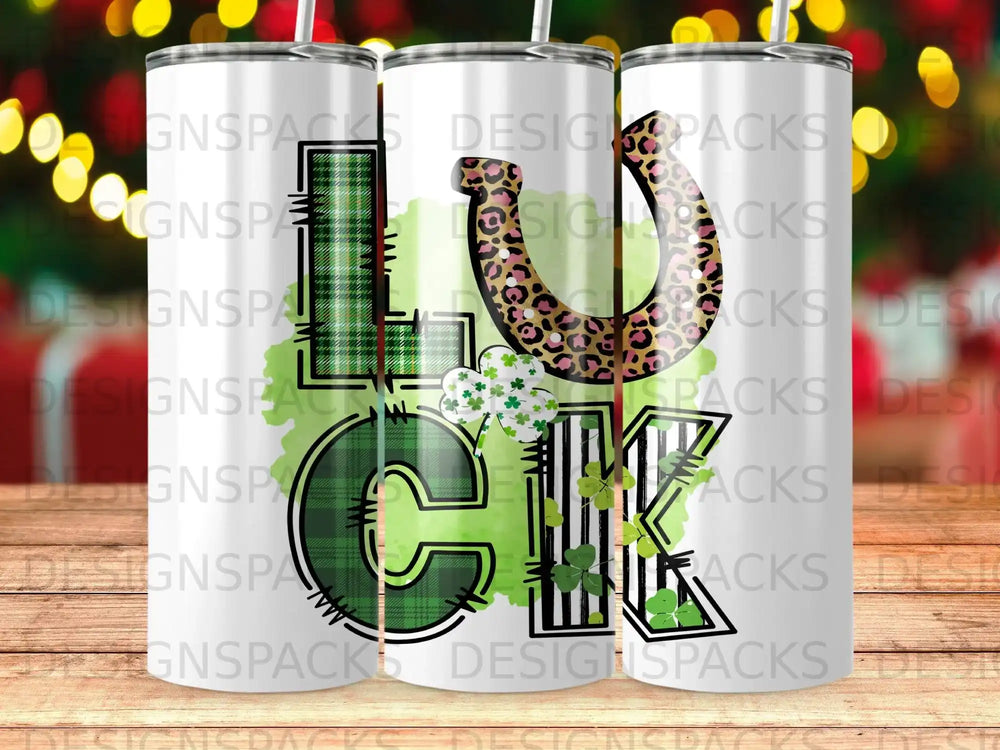 Green and gold Lucky four-leaf clover tumbler with leopard print.