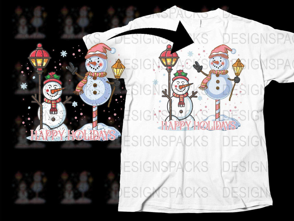Happy Holidays Snowman T-Shirt, Festive Winter Tee, Cute Christmas Snowman Design with Guitar, Unisex Holiday Apparel