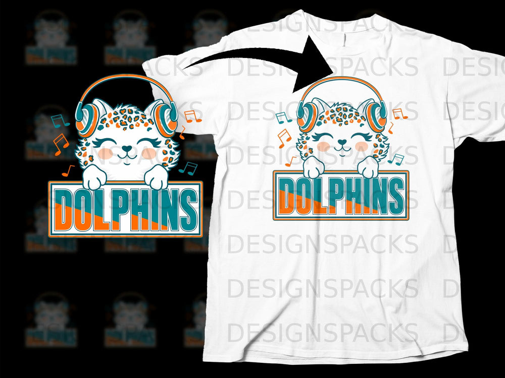 Cartoon cheetah wearing headphones above "Dolphins" text.