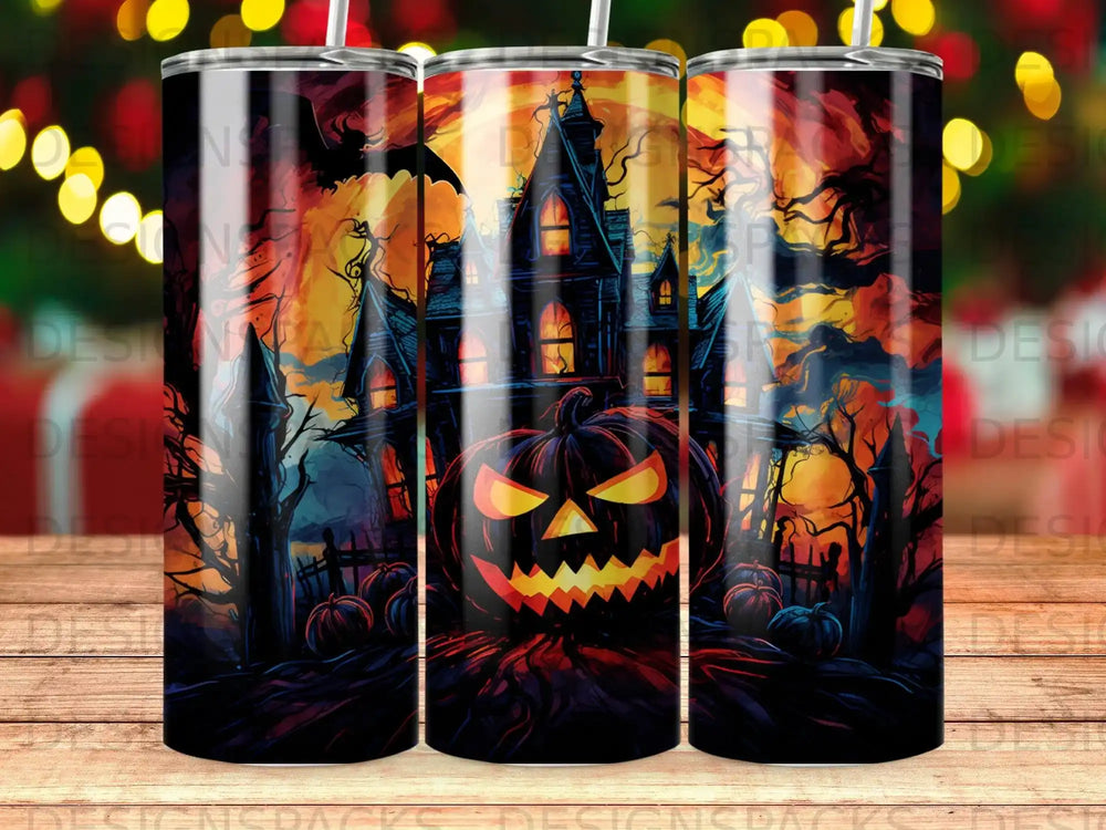 Jack-o'-lantern and haunted house scene on a tumbler.