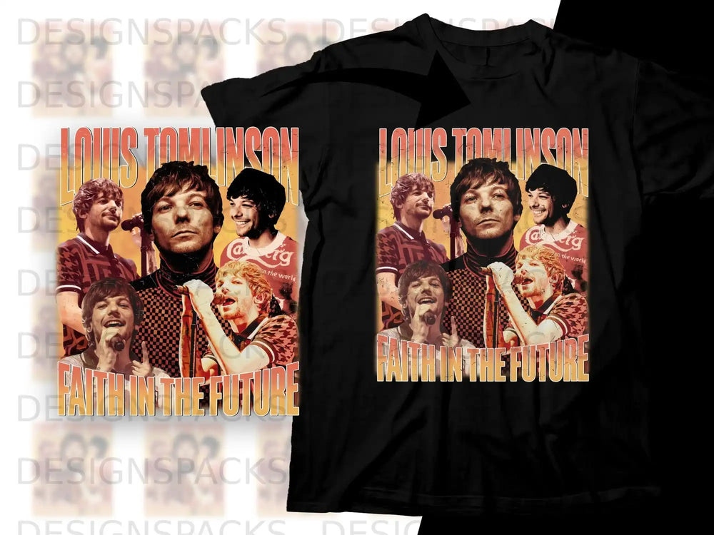 Black t-shirt with collage of Louis Tomlinson and "FAITH IN THE FUTURE" text.