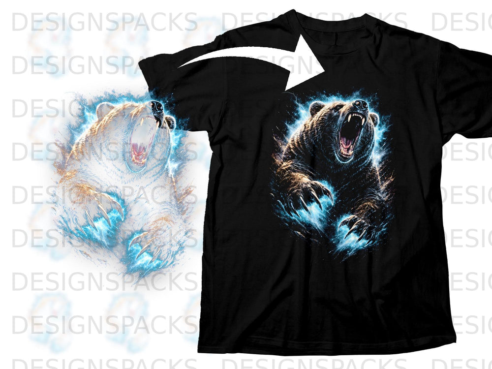 Black t-shirt featuring a roaring bear graphic with electric blue energy effects.