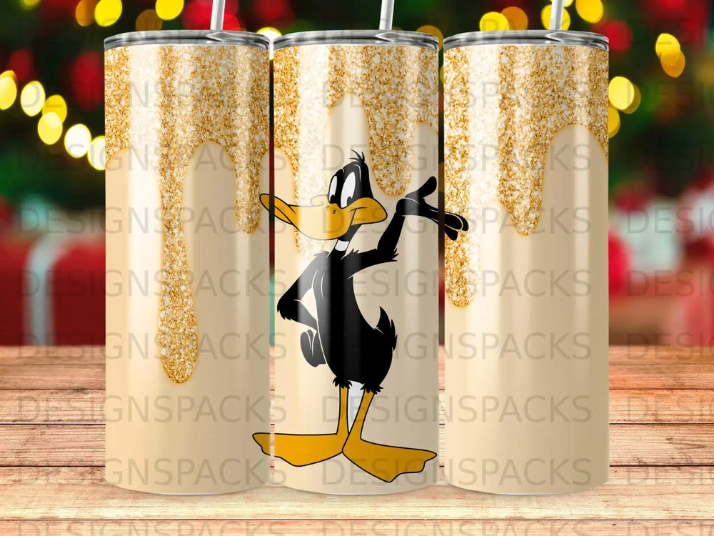 Daffy Duck cartoon character on a tumbler with glitter drip.