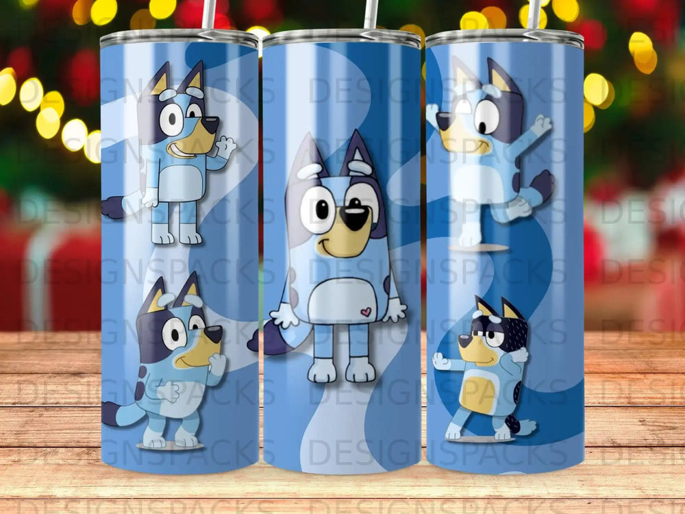 Bluey and Bingo cartoon characters on a blue and white striped tumbler.