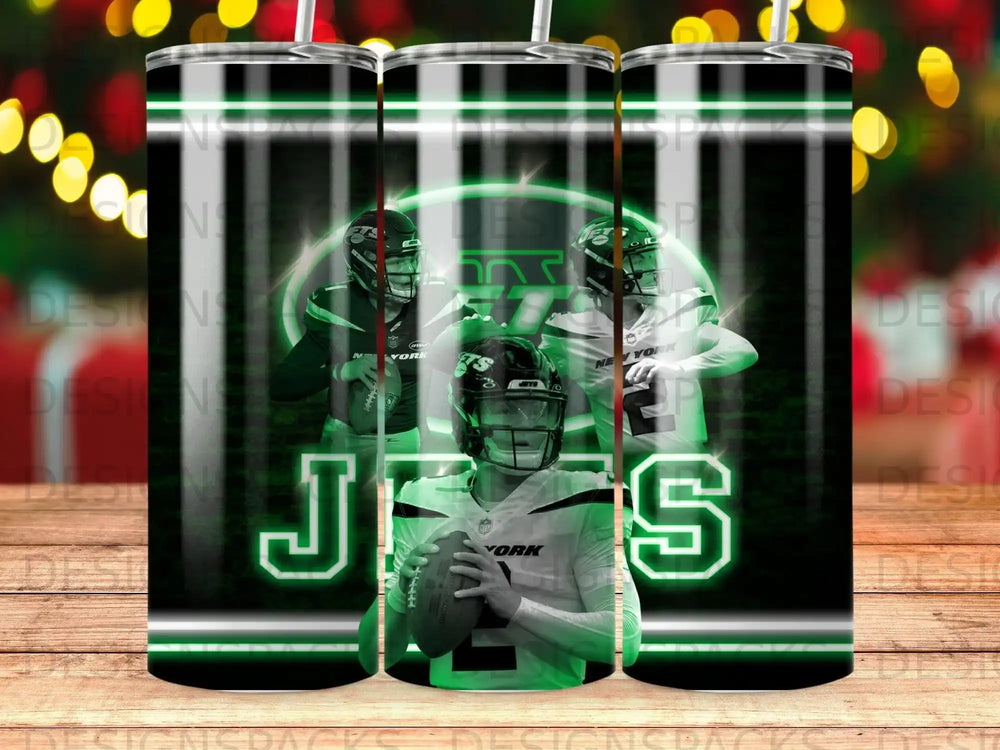 New York Jets quarterback Aaron Rodgers in uniform, holding football, green neon accents.