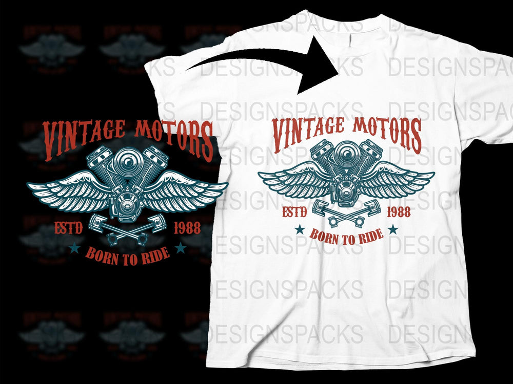 Vintage Motors Graphic T-Shirt, Wings Design, Born to Ride, Motorcycle Enthusiast, 1988, Unisex Tee
