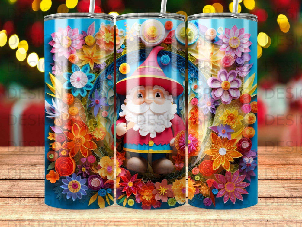 Santa Claus in festive floral wreath on a colorful blue tumbler.