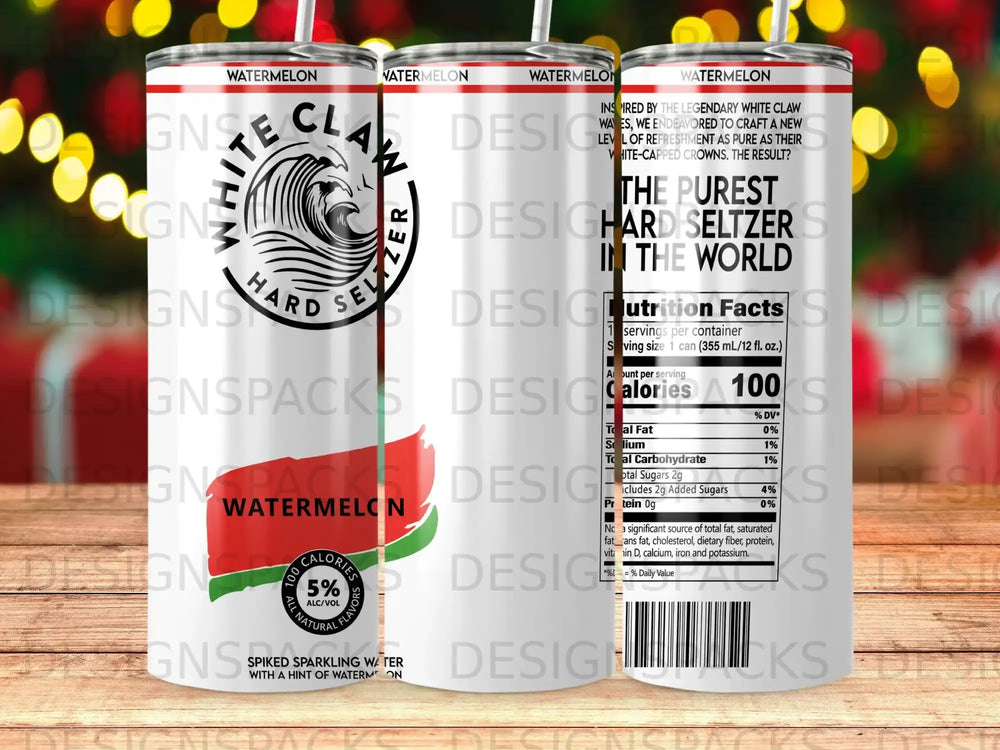 White Claw Hard Seltzer can with watermelon flavor and nutrition facts.