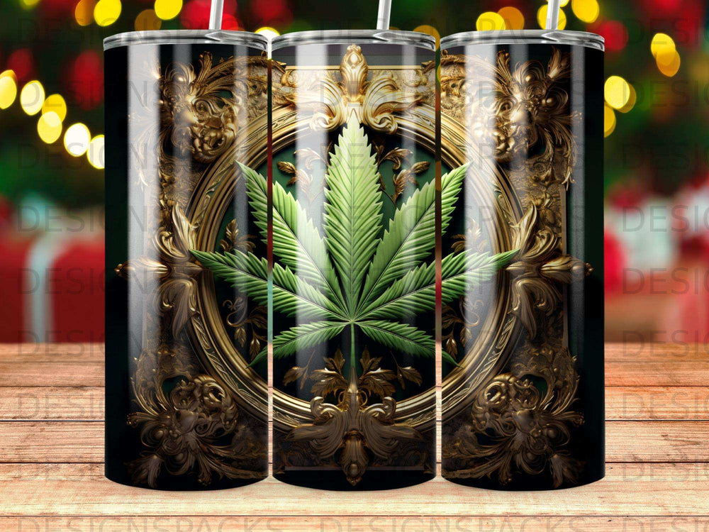 Green cannabis leaf emblem with ornate gold frame on black tumbler.