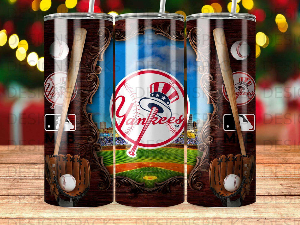 New York Yankees baseball stadium graphic with bat and glove.