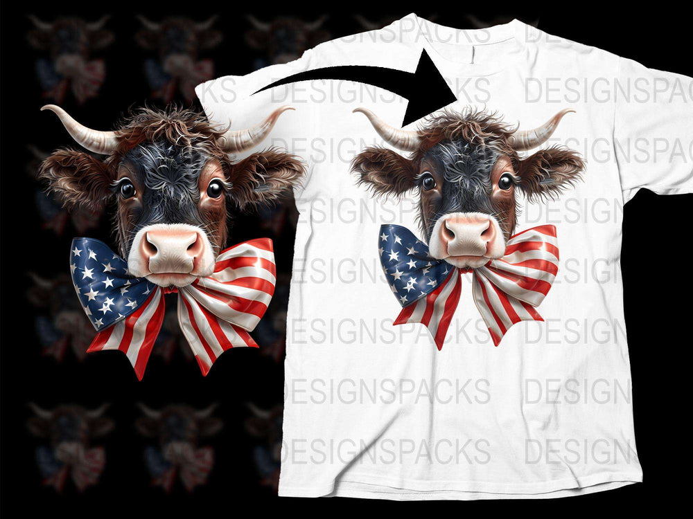 Patriotic Cow T-Shirt, American Flag Bow Tie, Farm Animal Graphic Tee, Unique USA Themed Apparel