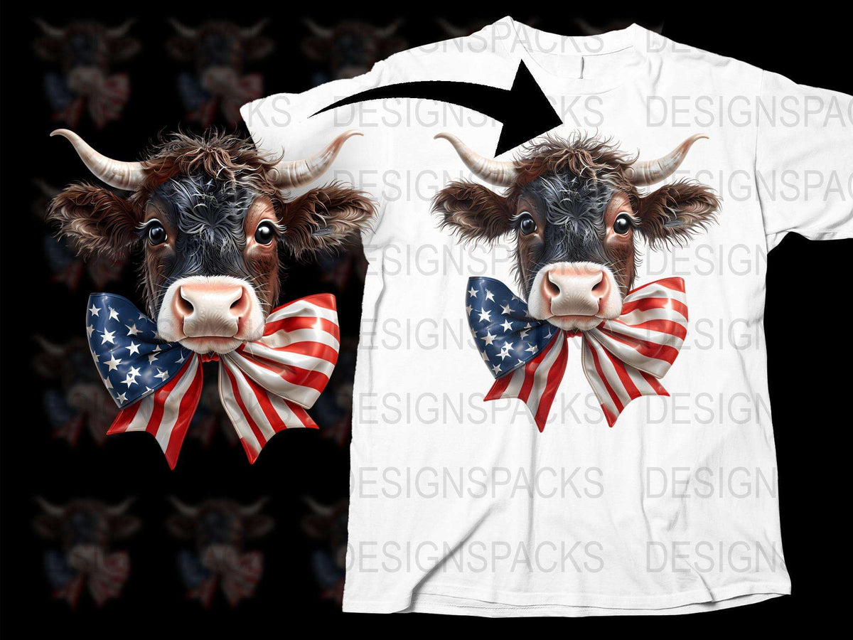 Patriotic Cow T-Shirt, American Flag Bow Tie, Farm Animal Graphic Tee, Unique USA Themed Apparel