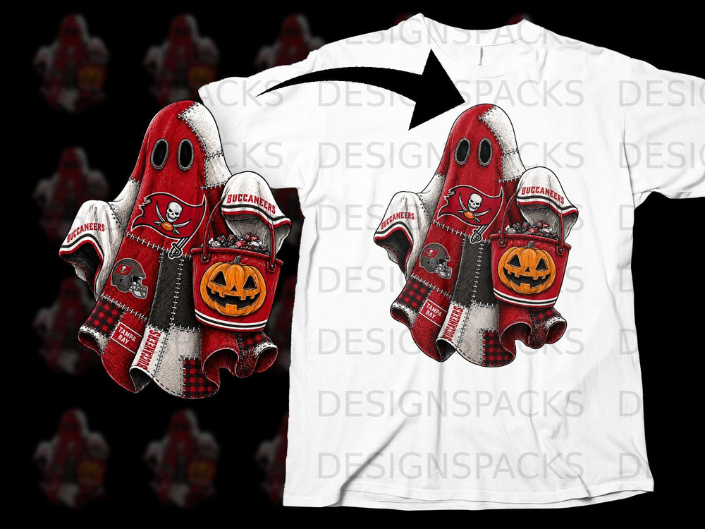Tampa Bay Buccaneers themed ghost holding candy bucket with pumpkin and football helmet.