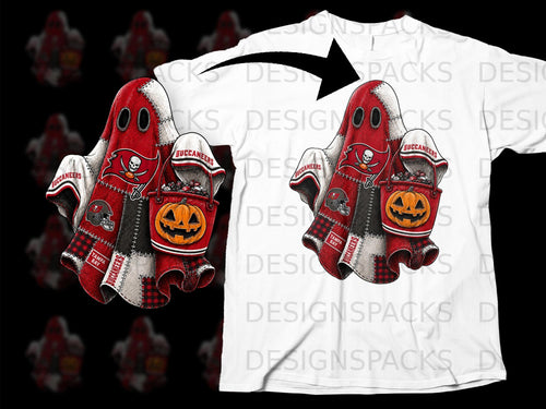 Tampa Bay Buccaneers themed ghost holding candy bucket with pumpkin and football helmet.