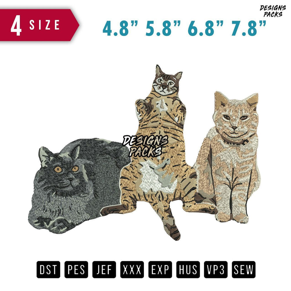 3 Cute cats Embroidery Design