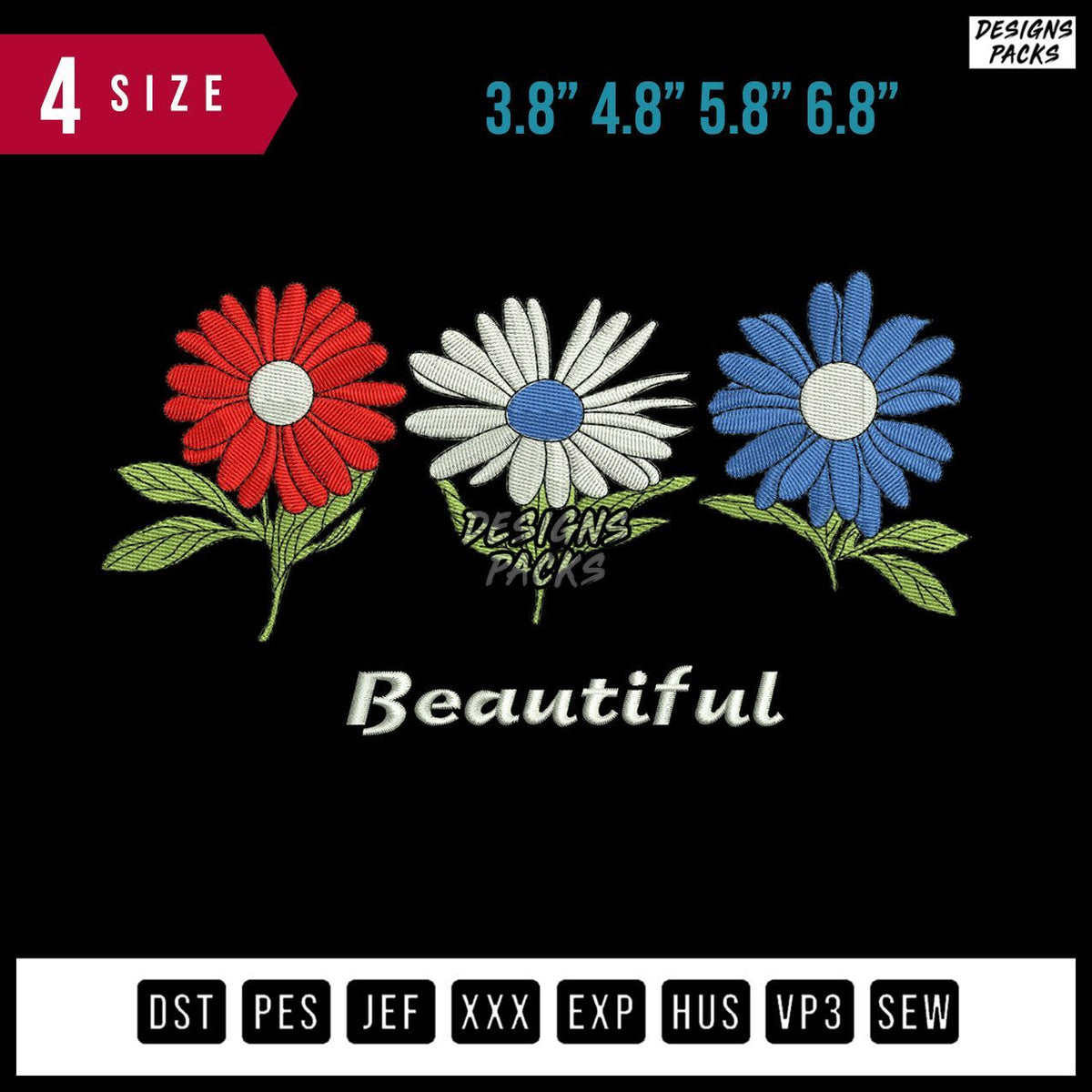 3Flowers Embroidery Design