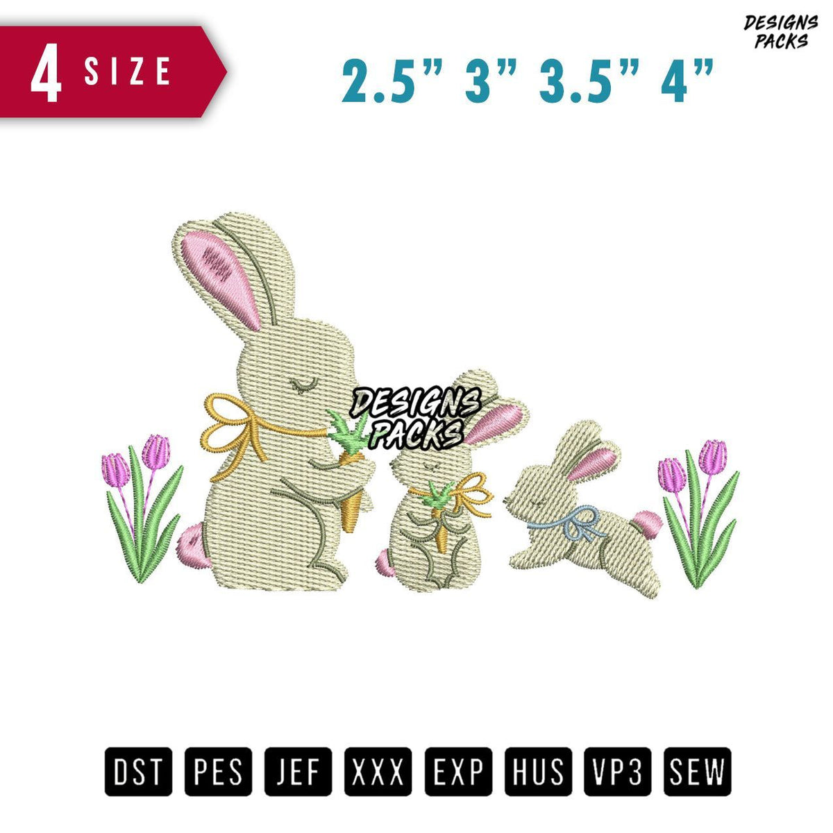 3 Rabbit Eat Small Embroidery Design