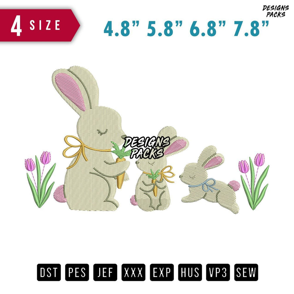 3 Rabbit Eat Embroidery Design