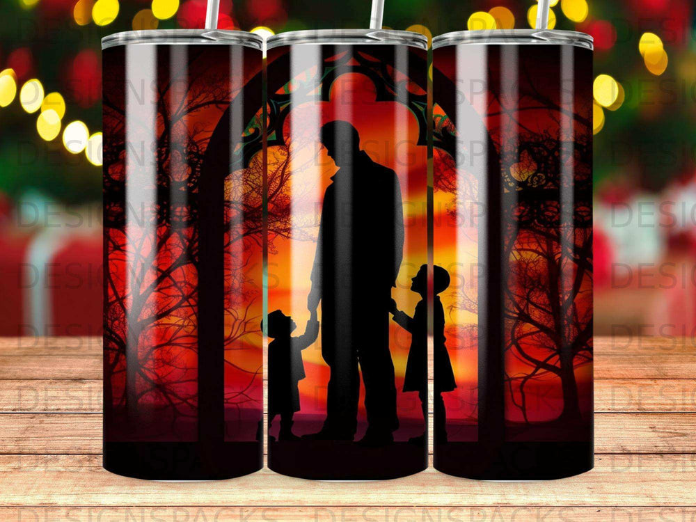 Silhouette of father holding hands with two children against a sunset forest.