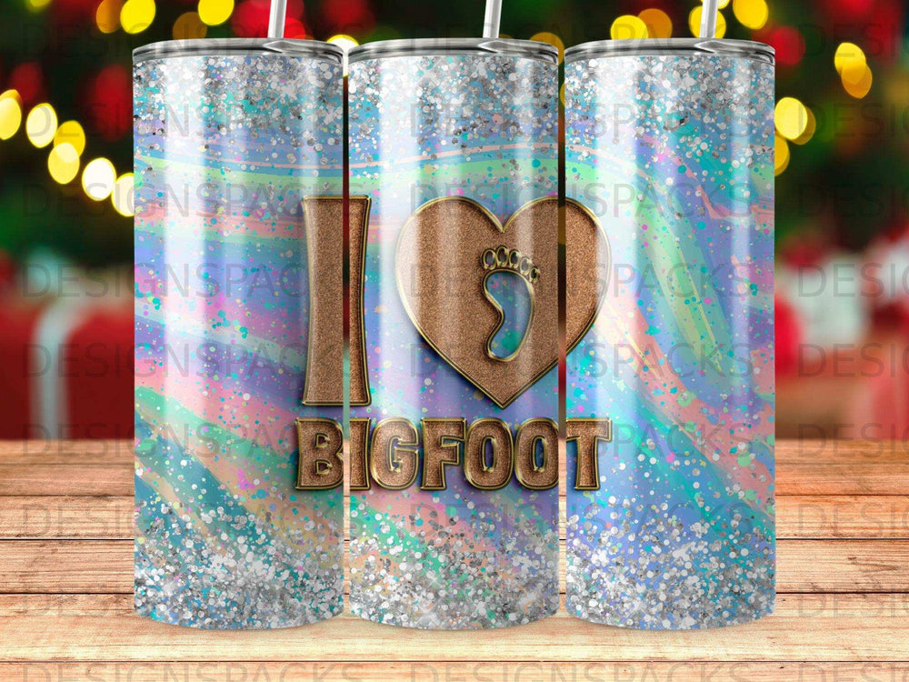 Tumbler with "I Love Bigfoot" design and glitter accents.