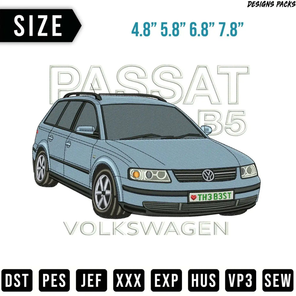 Light blue Volkswagen Passat B5 wagon embroidery design with sizes and file formats.