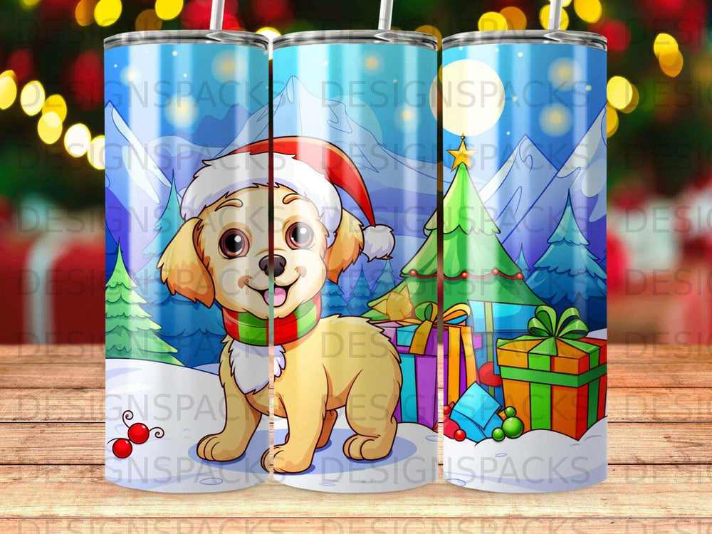 Golden retriever puppy in Santa hat with gifts and snowy trees.