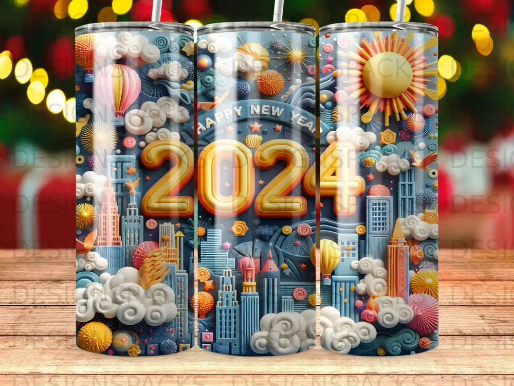 2024 tumbler with city skyline, hot air balloons, and fireworks.