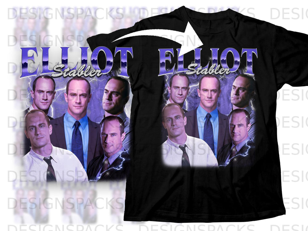 Black t-shirt with "ELLIOT Stabler" in purple lettering and multiple images of the actor.
