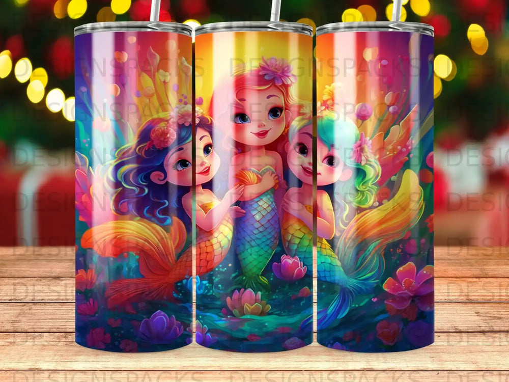 Three mermaids with colorful tails and flowers in a vibrant, underwater scene.