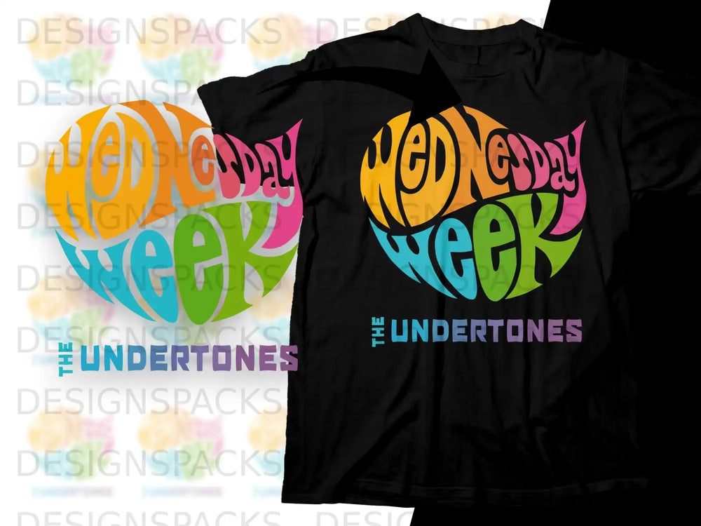 "Wednesday Week" logo with "The Undertones" text on a black t-shirt.