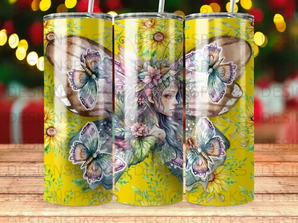 Fairy with butterfly wings and sunflowers on a yellow tumbler.