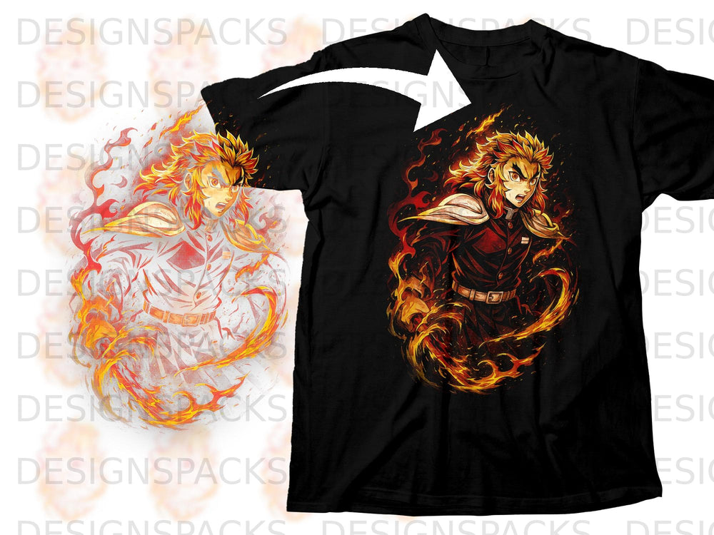 Black t-shirt featuring an anime character surrounded by flames.