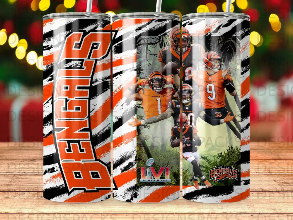 Cincinnati Bengals football players and logo on a black and orange striped tumbler.