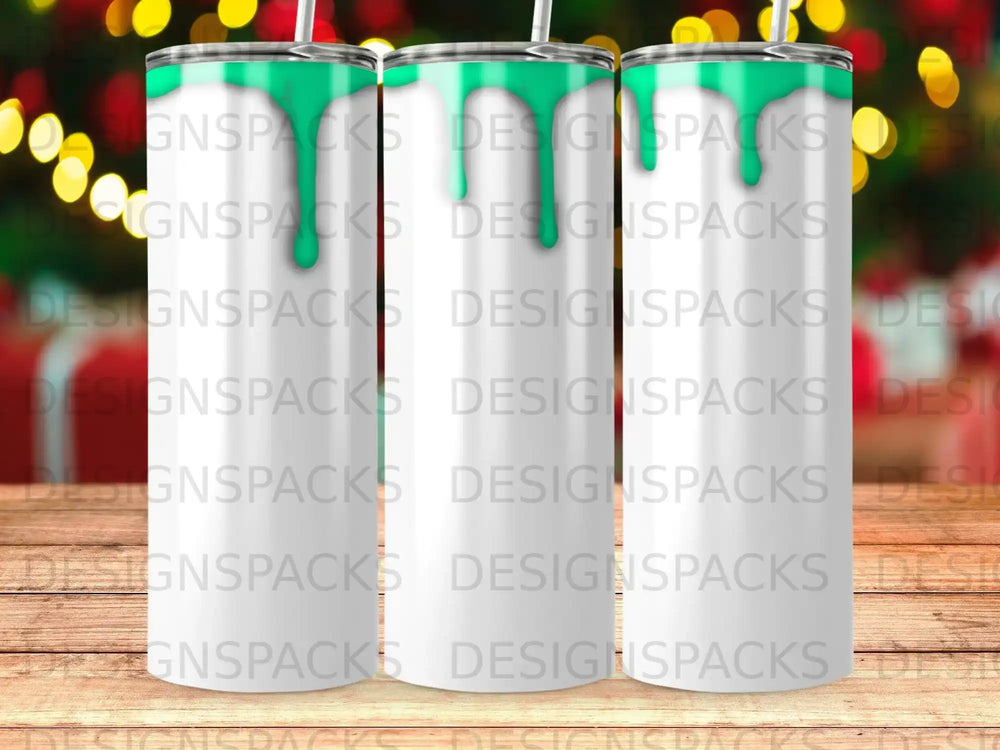 Three tumblers with green lids and straws, partially obscured by repeated "DESIGNSPACKS" text.