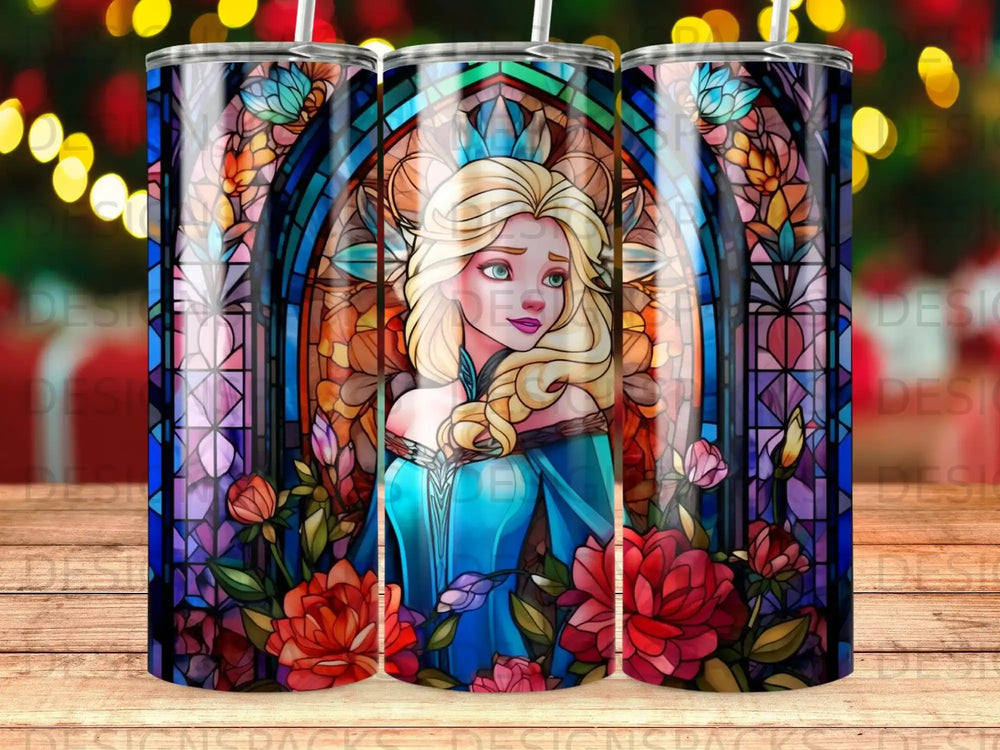 Elsa in stained glass style, surrounded by roses.