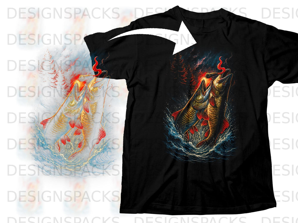 Black t-shirt with a graphic of two fish jumping from water towards a fishing lure.