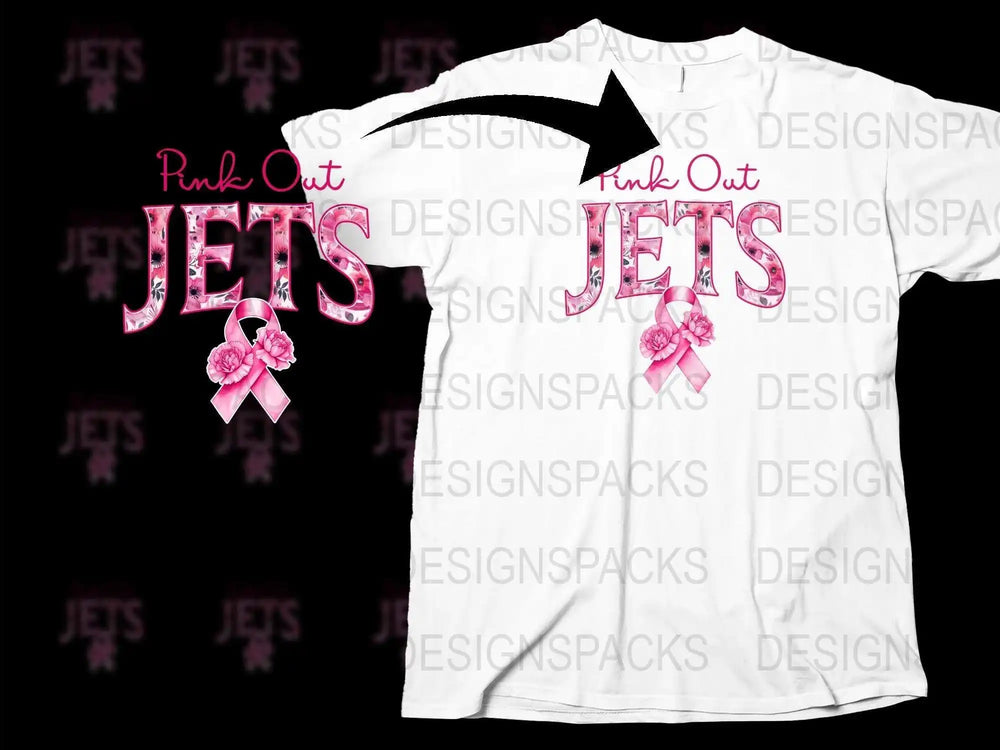 Pink Out Jets T-Shirt with Breast Cancer Awareness Ribbons, White Graphic Tee