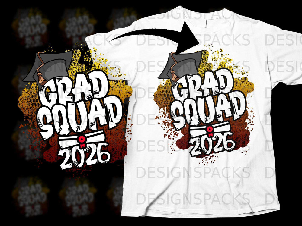 Grad Squad 2026 graphic with graduation cap and diploma on a white t-shirt.
