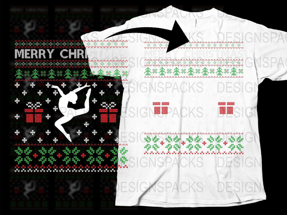 Festive Christmas T-Shirt with Reindeer and Gifts Pattern, Holiday Ugly Sweater Style, Unisex White Tee