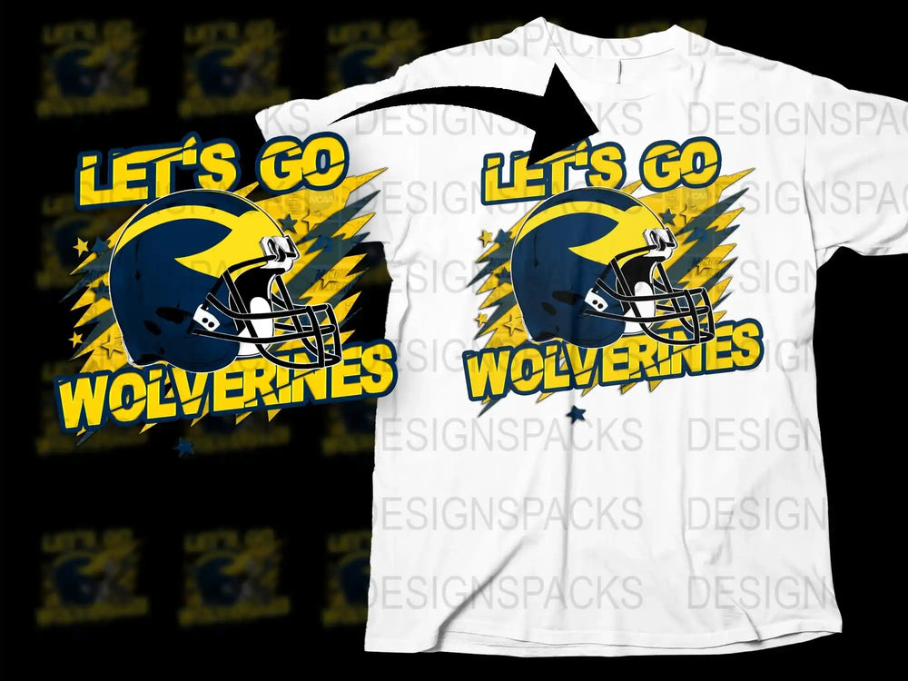 Let's Go Wolverines Football T-Shirt, Yellow and Blue Graphic Tee, Sports Fan Apparel