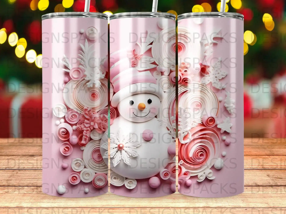 Snowman tumbler with pink and white swirls and snowflakes.