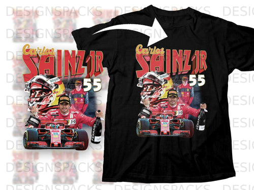 Carlos Sainz Jr. 55 Ferrari racing shirt with driver and car graphics.
