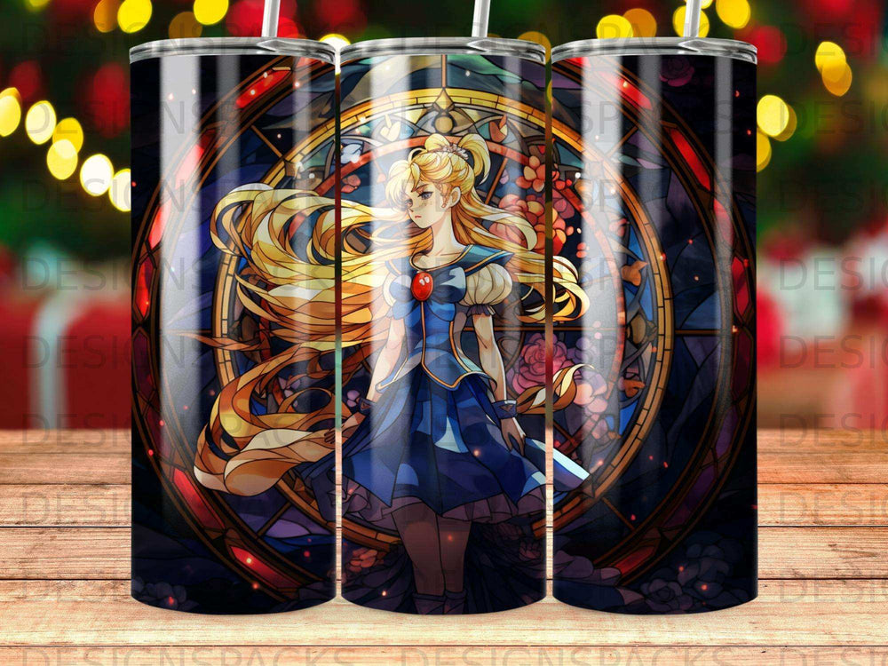 Anime girl with blonde hair in blue dress standing in front of stained glass.